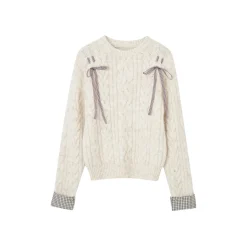 SomeSowe Plaid Drawstring Knit Sweater Beige