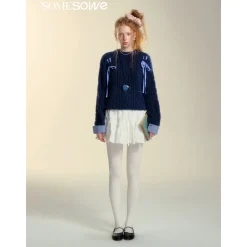 SomeSowe Plaid Drawstring Knit Sweater Blue