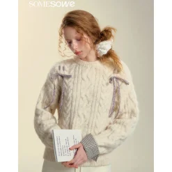 SomeSowe Plaid Drawstring Knit Sweater Beige