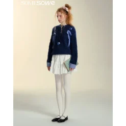 SomeSowe Plaid Drawstring Knit Sweater Blue
