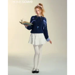 SomeSowe Plaid Drawstring Knit Sweater Blue