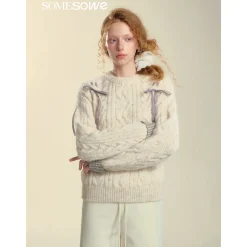 SomeSowe Plaid Drawstring Knit Sweater Beige