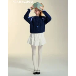 SomeSowe Plaid Drawstring Knit Sweater Blue
