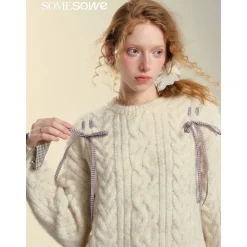 SomeSowe Plaid Drawstring Knit Sweater Beige