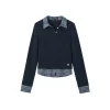 SomeSowe Plaid Patchwork Long Sleeve Polo Top Navy Blue