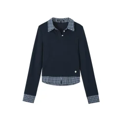 SomeSowe Plaid Patchwork Long Sleeve Polo Top Navy Blue