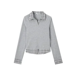 SomeSowe Plaid Patchwork Long Sleeve Polo Top Gray