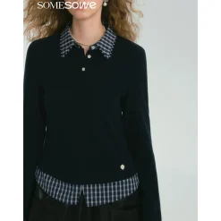 SomeSowe Plaid Patchwork Long Sleeve Polo Top Navy Blue