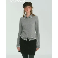 SomeSowe Plaid Patchwork Long Sleeve Polo Top Gray