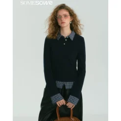 SomeSowe Plaid Patchwork Long Sleeve Polo Top Navy Blue