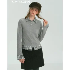SomeSowe Plaid Patchwork Long Sleeve Polo Top Gray