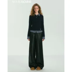 SomeSowe Plaid Patchwork Long Sleeve Polo Top Navy Blue