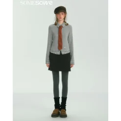 SomeSowe Plaid Patchwork Long Sleeve Polo Top Gray
