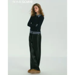 SomeSowe Plaid Patchwork Long Sleeve Polo Top Navy Blue