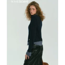 SomeSowe Plaid Patchwork Long Sleeve Polo Top Navy Blue