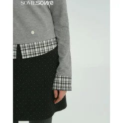 SomeSowe Plaid Patchwork Long Sleeve Polo Top Gray