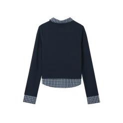 SomeSowe Plaid Patchwork Long Sleeve Polo Top Navy Blue