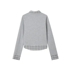 SomeSowe Plaid Patchwork Long Sleeve Polo Top Gray