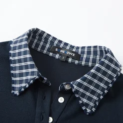 SomeSowe Plaid Patchwork Long Sleeve Polo Top Navy Blue