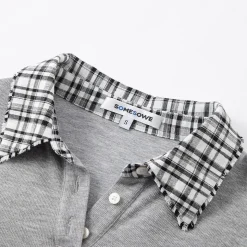 SomeSowe Plaid Patchwork Long Sleeve Polo Top Gray