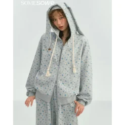 SomeSowe Rabbit Ears Floral Zip Up Hoodie Gray