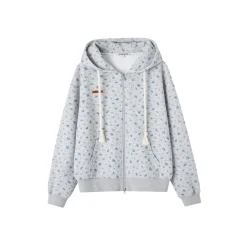 SomeSowe Rabbit Ears Floral Zip Up Hoodie Gray