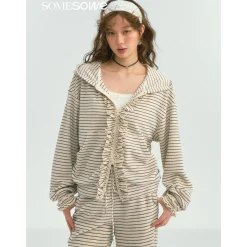 SomeSowe Soft Striped Ruffled Zip Up Hoodie White