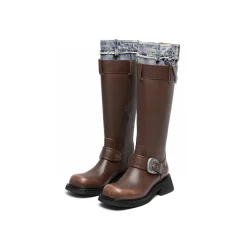 SugarSu Metal Buckle Denim Top Leather Boots Brown