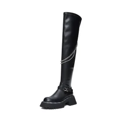 SugarSu Over-knee Buckle Chain Boots Black