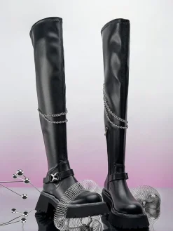 SugarSu Over-knee Buckle Chain Boots Black