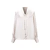 Three Quarters Acetate Satin Ribbon V-Neck Shirt Beige