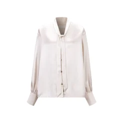 Three Quarters Acetate Satin Ribbon V-Neck Shirt Beige
