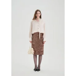 Three Quarters Acetate Satin Ribbon V-Neck Shirt Beige