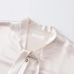 Three Quarters Acetate Satin Ribbon V-Neck Shirt Beige