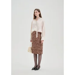 Three Quarters Acetate Satin Ribbon V-Neck Shirt Beige