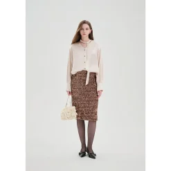 Three Quarters Acetate Satin Ribbon V-Neck Shirt Beige