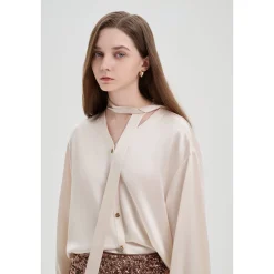 Three Quarters Acetate Satin Ribbon V-Neck Shirt Beige
