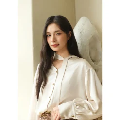 Three Quarters Acetate Satin Ribbon V-Neck Shirt Beige