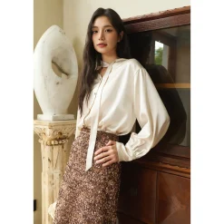 Three Quarters Acetate Satin Ribbon V-Neck Shirt Beige