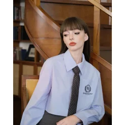 Three Quarters College Style Cropped Shirt Blue