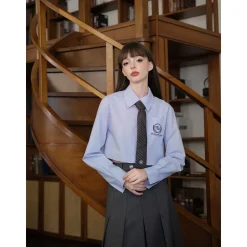 Three Quarters College Style Cropped Shirt Blue