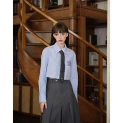 Three Quarters College Style Cropped Shirt Blue