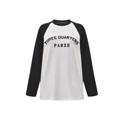 Three Quarters Color Blocked Rhinestone Logo L/S Tee Black