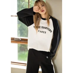 Three Quarters Color Blocked Rhinestone Logo L/S Tee Black