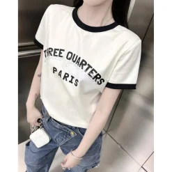 Three Quarters Color Blocked Rhinestone Logo Tee Black