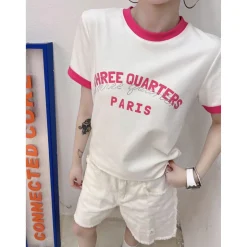 Three Quarters Color Blocked Rhinestone Logo Tee Pink