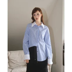 Three Quarters Color Blocked Rhinestone Logo Striped Shirt