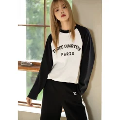 Three Quarters Color Blocked Rhinestone Logo L/S Tee Black