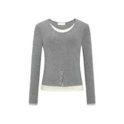 Three Quarters Color Contrast Fake-2-Piece Special Button Slit Top Gray