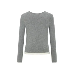Three Quarters Color Contrast Fake-2-Piece Special Button Slit Top Gray